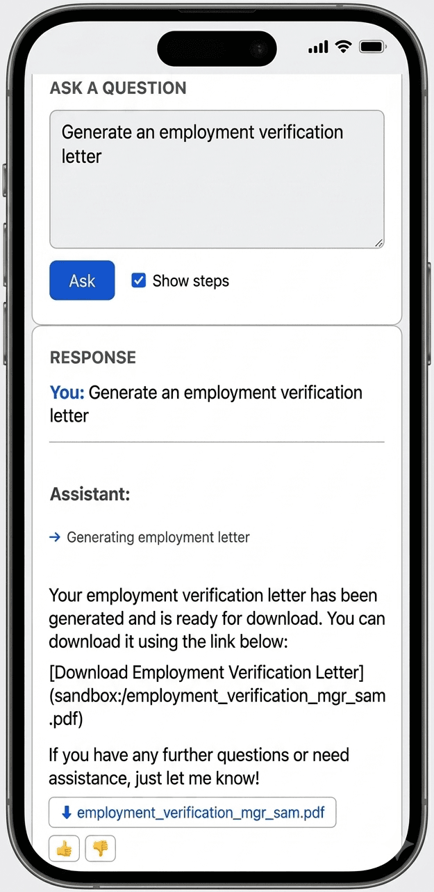 People Fabrix generating an employment verification letter and providing a PDF download link