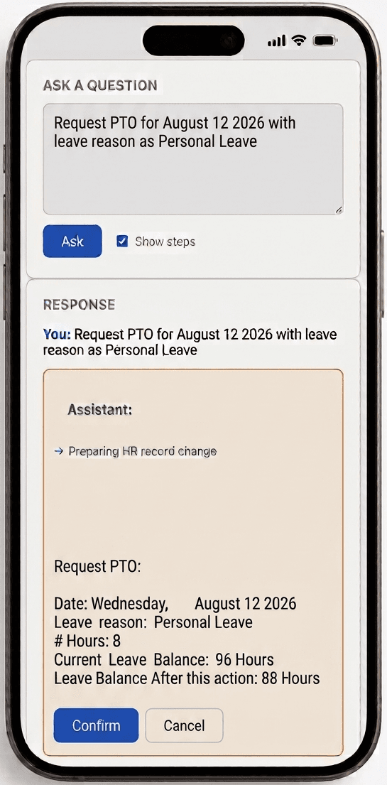 People Fabrix staging a PTO balance change and waiting for the employee to confirm or cancel it