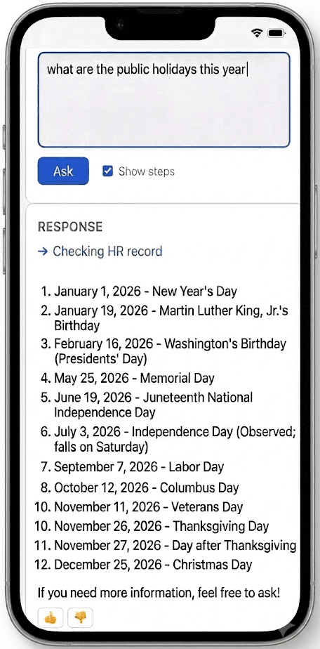 People Fabrix answering a public holiday policy question with a citation link to the source policy